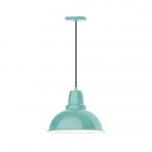  PEB107-48-W14-L13 - 14" Cafe shade, LED Pendant with black cord and canopy, wire grill, Sea Green