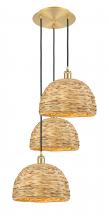  113B-3P-SG-RBD-12-NAT - Woven Rattan - 3 Light - 19 inch - Satin Gold - Cord hung - Multi Pendant