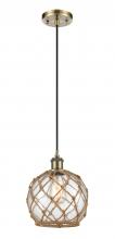  516-1P-AB-G122-8RB-LED - Farmhouse Rope - 1 Light - 8 inch - Antique Brass - Cord hung - Mini Pendant