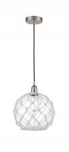  616-1P-SN-G122-10RW-LED - Farmhouse Rope - 1 Light - 10 inch - Brushed Satin Nickel - Cord hung - Mini Pendant